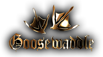 The word Gossewaddle written in shiny gold old english text with two goose feet above it.